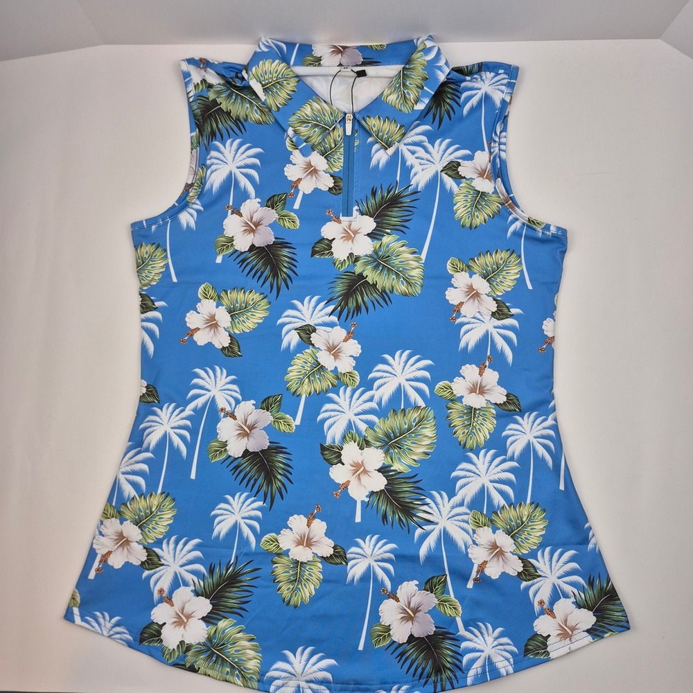 Fkeep Golf Polo Women's M‎ Sleeveless Tropical Floral Palm Trees Print Top NWT